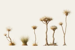 "Isolated concept art of multiple types of alien tree plant on a plain neutral background. Designed for Desert biome – dry, spiky, brittle grass with sharp edges, thorn-like blades, and pale dusty colors
