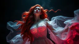 Photoreal ultra godlike gorgeous and beautiful, radiant goddess of love and beauty with red wavy hair dressed in an intricate transparant white dress hovering in the darkness by lee jeffries, otherworldly creature, in the style of fantasy movies, shot on Hasselblad h6d-400c, zeiss prime lens, bokeh like f/0.8, tilt-shift lens 8k, high detail, smooth render, unreal engine 5, cinema 4d, HDR, dust effect, vivid colors