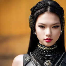 beautiful young asian queen with black leather studded armor, delicate black braided hair, glass eyes, highly detailed, 8k, ambient light, taylor swift