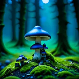 "Close up of a wonderful tiny Mushroom Tower home. indigo and blue with bright white, deep black and contrasting tones of gray. Illuminated bioluminescent forest. Professional painter, master at composition. small but detailed. broken, blurred background, voluminous lighting"