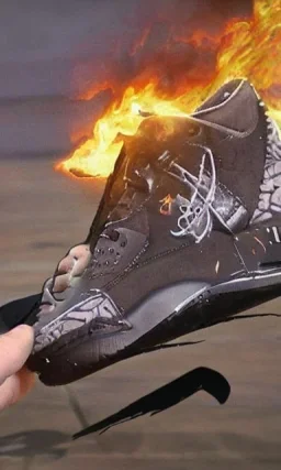 Jordan 3 black sneaker made out of fire. Animation movie style.