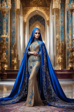 Gorgeous photography full body stand pose Beautiful super model Iranian islamic hijab dressing Luxury colors crystal diamonds sapphire,colorful art conceptual, amazing artwork,close-up portrait,luxury Royal Palace background