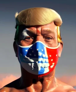 Realistic image of Donald trump wrestler, Mexican wrestling style, Mexican wrestling mask, chin mooth visible, red and blue breeches, glow us flag dress, suspenders, retro style, 80s, vibrant color, highly detailed, sky background, concept art, unreal engine 5, god rays, ray tracing, RTX, lumen lighting, ultra detail, volumetric lighting, 3d, finely drawn, high definition, high resolution.