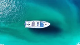 A small white boat anchored in the center of a large, swirling whirlpool of turquoise and azure ocean water, aerial view during a summer day with sunlight glimmering on the surface., high detail, split gradient colors background, cold light tones, blue tones, flash light