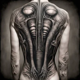 Bad tattoo, back alien tattoo in style of H.R. Giger reading "NO REGERTS", text, photorealistic, by Joel-Peter Witkin