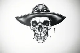 front facing skull (angry, wearing a wide confederate hat), airbrush on white background'