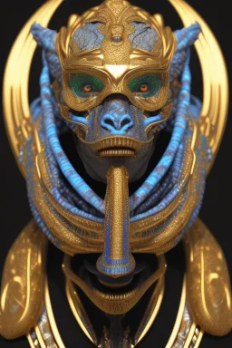 black male African Egyptian alien, cracks in the voodoo head, wicked, eyes, crown, Elephant, 8k, finely detailed, photo realistic, tiger turquoise skull head gold dragon space alien snow skeleton gold gorilla silver crown silver eyes