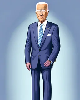 Cartoon of presidente Joe Biden cuerpo completo hiperdetallado traje gris colores complementarios en el fondo la casa blanca