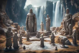 archeologists discovering storm giant people in minas tirith worshipping statues and idols, on a strange planet with weird colors and waterfalls, bokeh like f/0.8, tilt-shift lens 8k, high detail, smooth render, down-light, unreal engine, prize winning