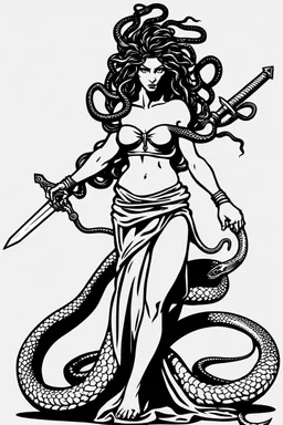 detailed persona, female, sword in hand, gorgon medusa, half turn, full height, leans on one leg, snakes on the head instead of hair