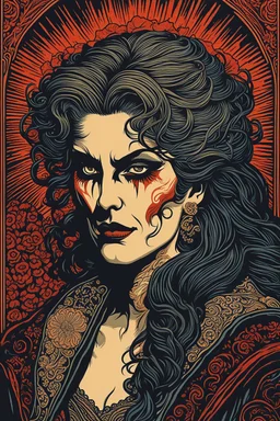 museum quality color woodcut of an ancient female vagabond vampire with highly detailed hair and facial features , in the style of Gustave Baumann, with a fine art aesthetic, highly detailed, finely cut ,8k render,