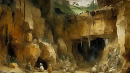 A beige underground granite mine covered in paint designed in medieval tapestry painted by George Inness