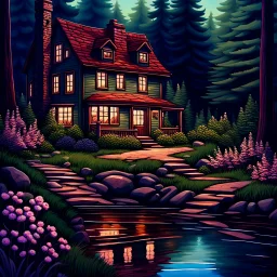 a painting of a house next to a body of water, cottage in the forest, idyllic cottage, cottage in the woods, cottagecore!!, solitary cottage in the woods, beautiful detailed scene, beatiful house, cottagecore, little cottage, house in forest, beautiful house on a forest path, spring evening, flowery cottage