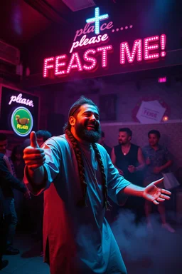 An "Kebab man" performing at dance club in a church, his name is "Kebab man" Happy and christian look, Talking to the holy Jesus, Neon lights and smog, "please... FEAST ME!" big sign on the wall