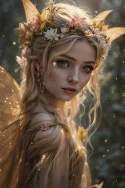 Pink flower crown,Pointed elven ears,Blonde hair ,Pink dress,Sparkling fairy wings,Very long golden hair,Fairy crown,pointed ears,elven ears,fairy wings,water lilies,sparkling,glittering,flowers,blossoms,golden crown,light pink dress