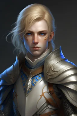 half elf male knight with silver armor ginger hair and blue eyes