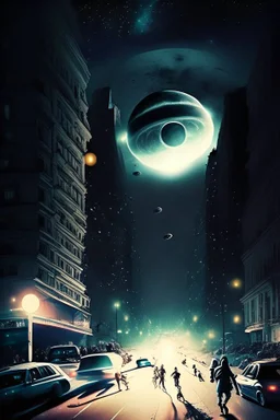 city, night sky, bouldings, moon, a big ufo over, people running, chaos atmosphere, street, lights, cars, women, dirty