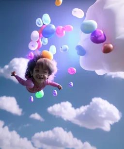 Ultra realistic speed clouds sky scene, wide angle view, sweet childs falling down, inflatable color clothing, free jumping flying, many trinkets, monster head, hair monster, many jelly beans, balls, color smoke, smile, happy, circus style, extreme, wind, clouds sea, 20,000 feet altitude, stratosphere, soft color, highly detailed, unreal engine 5, ray tracing, RTX, lumen lighting, ultra detail, volumetric lighting, 3d, finely drawn, high definition, high resolution.