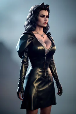 Lisa Ann as evil queen in black leather gown, cleavage, angry, stern look, unreal 5, octane render,cinema4d, dynamic lighting, dramatic lighting, 4k, redshift render, highly detailed, hyper realistic