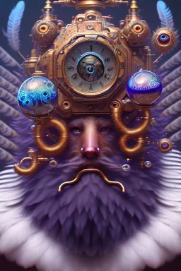 bearded man head with feathers, spheres, cubes, gears, clocks, engine parts, exhaust pipes, fur, peacock feathers, mechanism, in the style of Android Jones, gradient, bioluminescent, rococo, photorealistic, intricate details, 8k, purple and gold, digital painting, top light, illustration, trending on artstation