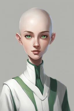 full length colour drawing, portrait, 22-year old friendly slender female human cleric, shaved head, light eyebrows, grey eyes, wearing white (10%) and dark green (80%)