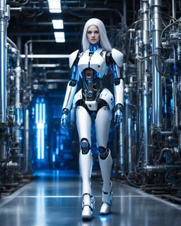 A full body photograph of a beautiful girl humanoid robot walking against a background that looks like the interior of a factory or laboratory. The robot has a beautiful face, white long hair, and a body made of metallic chrome with complex mechanical details. The background features blue-lit pipes and metallic structures, with dramatic lighting highlighting the robot's intricate design.