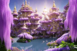 a magical crystal flower lys bougainvillier, arbor of pink wisteria, blue gold house crystal castle in wood of a lot of pink wisteria,blue lake,sun,white swanns,pink vertical, blue lake,sharp, vines, candlelit, endor, ornate, elegant, highly detailed, artstation, concept art, smooth, sharp focus, illustration, 8k, splash art, wallpaper, key visual