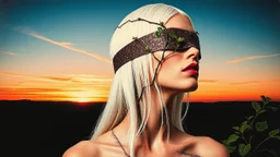 Abstract Art, Collage, Thomas Ligotti, Mannequin World, In Space They Can't Hear You Scream, Dave McKean, Inspired by Zdzislaw Beksinski's Nightmarish Paintings, Wassily Kandinsky, Double Exposure, Sunset, Gnostic Tragedy, Sinister, Woman, Long White Hair, Made of Glitter Texture, Blush, Blindfolded, Vine Design, Raspberry, Surreal, Futuristic, Black Open Background, Peach Skin, Leafy Textures, Shiny Plastic, Organic Aesthetics, Rose Red Tint, Green Leaves, Alien Design, Mutant Structure, Red Mo