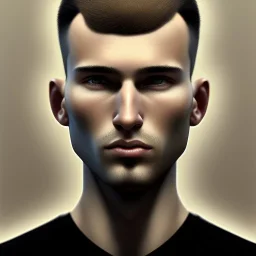 Portrait of a man by Greg Rutkowski, he is about 20 years old, mixture between french and spanish, short brown hair with bangs, manly, attractive, wide forehead, sturdy, he is horrified but resigned looking at the computer screen knowing the schedule for the second semester, he is wearing a black t-shirt, highly detailed portrait, dystopian, digital painting, artstation, concept art, smooth, sharp foccus ilustration, Artstation HQ