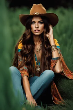 high fashion magazine, studio photography, portrait of a hippie cowgirl, young spanish beauty model, longer hair, beautiful face, beautiful skin advertising