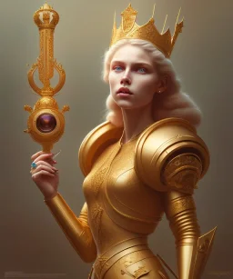 Statue of Queen of photography. Cute blonde woman. Photographer in golden crown. Standing on the street. Big camera in her hand. hyperdetailed, photorealistic, trending on artstation, greg rutkowski, beksinski, kodachrome