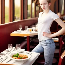 Realistic photo Russian shorthair beautiful 20-years tomboy boyish boylike young wife wide hips in restaurant