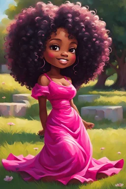 An expressive oil painting image of a chibi black cartoon of a curvaceous woman with flowing of tight curly afro of black hair that's highly detailed, wearing a hot pink maxi dress. She sits relaxed on the grass facing the warm sunlight, which illuminates her face as she looks to the side with a small smile, accentuating her prominent makeup and brown eyes. with green and hot pink roses all around