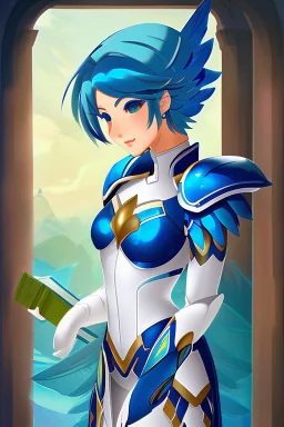 a human with blue short hair and blue wings in an assymetrical armor with geometric patterns and a book in hand