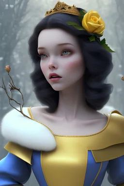 4K Ultra-HD, Hyper realistic, cinematic lighting -- Snow White, short, bowl-cut black hair, blue eyes, Yellow skirt, blue blouse with short poofy sleeves, extremely pail skin, Rose pedals, wild animals, Castle, Full body image -- 4k, stunning, dramatic lighting, dramatic background, cinematic, atmospheric, very detailed, historic, powerful, octane rendering, exquisite detail, 30 - megapixel, 4k, 85 - mm - lens, sharp - focus, intricately - detailed, long exposure time, f8, ISO 100, shutter - s