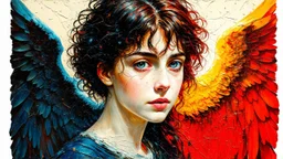 old worn postcard, Portrait Light and darkness in one person, angel and demon in one person, abstract art additional colors small details,