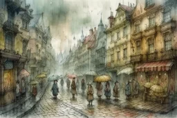 street with some people. Rain and fog. Rainy day. Jean-Baptiste Monge style, watercolor, ink. Picturesque and colorful. Modifiers: highly detailed intricate 8k beautiful award winning fantastic view very cute no watermark Yasek yerka