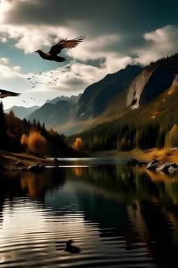 burung terbang diatas danau di gunung membawa ikan