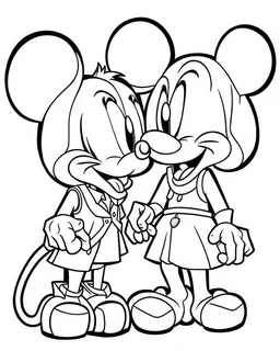 outline art for Mickey Mouse Kissing Minnie coloring page, Japanese manga style, cartoon style, cute face, white background sketch style, full body is a must, only use outline, clean line art, no shadow, bold outline