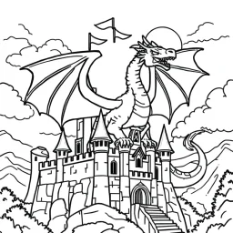 bold and easy fantasy dragon on the castle coloring page. Each has very thick black outlines, making the details simple and fun to color.