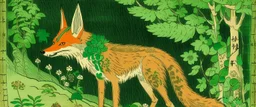 A green nature elemental coyote designed in Bayeux tapestry painted by Utagawa Hiroshige