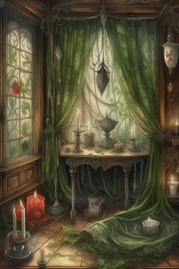 english watercolor, witch's boudoir, mirror, curtains, cobweb, filigree, dried flowers, textiles, candle, magical lighting effect, fairy tale illustration, fine drawing of details with colored pencils, grunge, high resolution, high detail, dark fantasy, dark botanical, beautiful, ISO 100, pixel graphics, hdr, emerald colors, beige, red, deep blue, umbra, grey, dusty rose, gold