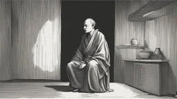 ، يظهر رجل جالس على كرسي في غرفة مظلمة. وجهه غير واضح، لكن يمكن رؤية عينيه مغمضتين. الرجل يرتدي ملابس سوداء، ويبدو أنه في حالة من الهدوء والتأمل.