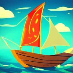 Small wooden ship, with bright sails, Legend Of Zelda: Wind Waker style, on a vast ocean, stylized, colorful, adventurous, full view.