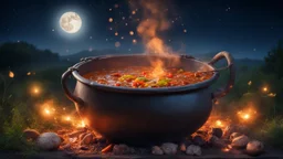 delicious stew bubbling in a cauldron suspended over heat, outside, night, stars, moon, fireflies, award-winning photograph, beautiful composition, exquisite detail and illumination