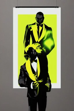 Bodybuilder in an Uranium-colored tuxedo poster negative Space Intensity Proportion Emphasis fluowave style of GQ style of Natsuki uruma on Neutral Colors paper