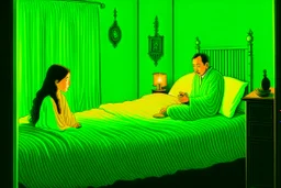 a knitted girl sitting on a bed and vomiting green lines, an exorcist priest standing next to her bed in a room in candlelight at night