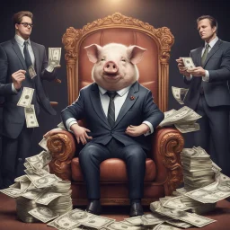 rich pig in suit on a throne making stacks of money by making a deal with a buisnessman. background of musicians. baksinski style