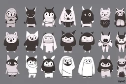 6 simple shaped hand drawn cartoon characters that are cute dark and have hoodies