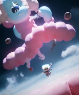 Ultra realistic speed clouds sky scene, wide angle view, sweet childs falling down, inflatable color clothing, free jumping flying, many trinkets, hair monster, many jelly beans, balls, color smoke, smile, happy, circus style, extreme, wind, clouds sea, 20,000 feet altitude, stratosphere, soft color, highly detailed, unreal engine 5, ray tracing, RTX, lumen lighting, ultra detail, volumetric lighting, 3d, finely drawn, high definition, high resolution.